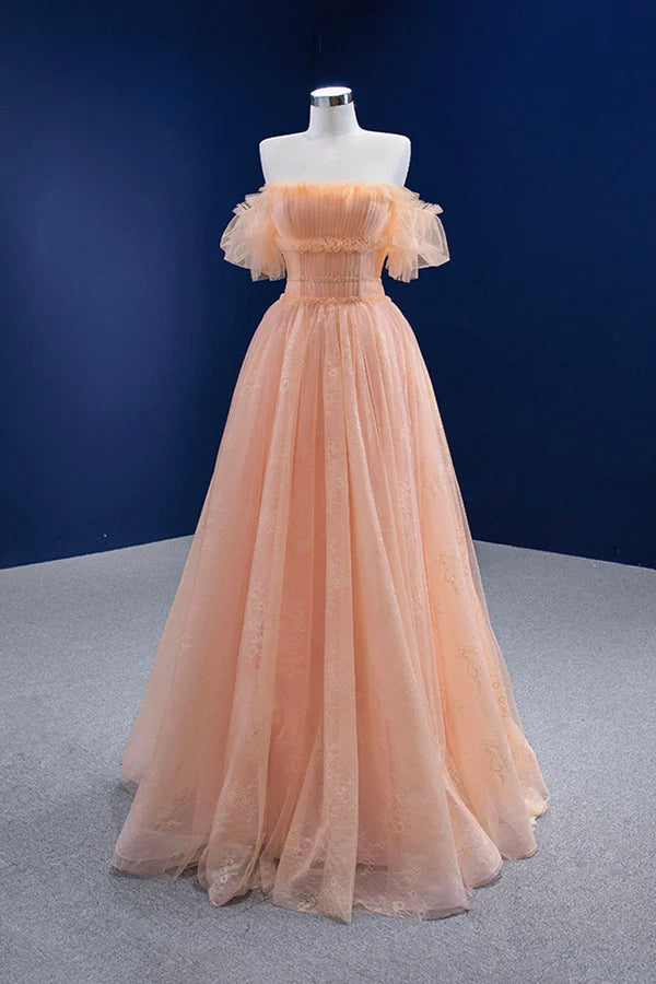 Wholesale Pink Tulle Lace Strapless Prom Dress Pink A-Line Evening Party Dress